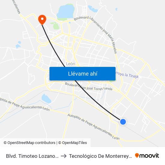 Blvd. Timoteo Lozano - La Libertad to Tecnológico De Monterrey - Campus León map