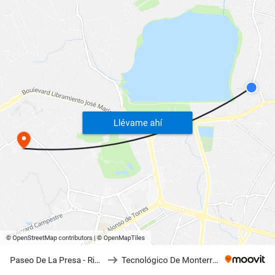 Paseo De La Presa - Ribera De La Presa to Tecnológico De Monterrey - Campus León map