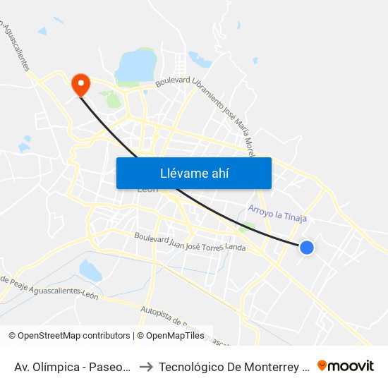 Av. Olímpica - Paseos Del Molino to Tecnológico De Monterrey - Campus León map