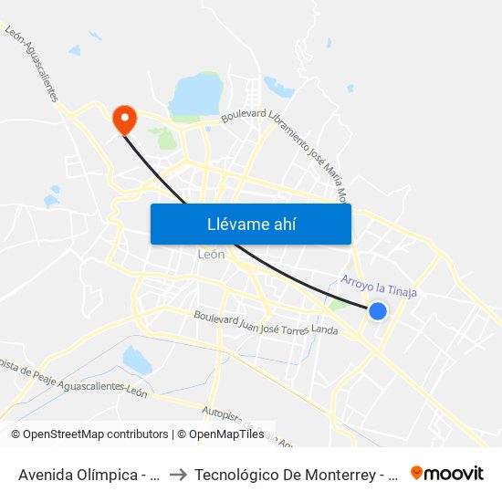 Avenida Olímpica - Agua Azul to Tecnológico De Monterrey - Campus León map