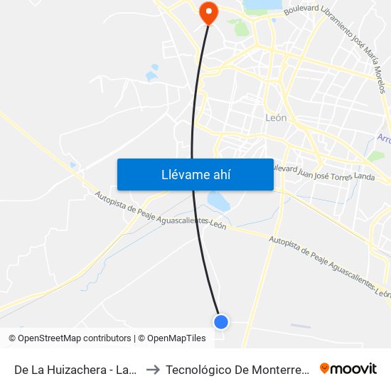 De La Huizachera - Latinoamericana to Tecnológico De Monterrey - Campus León map