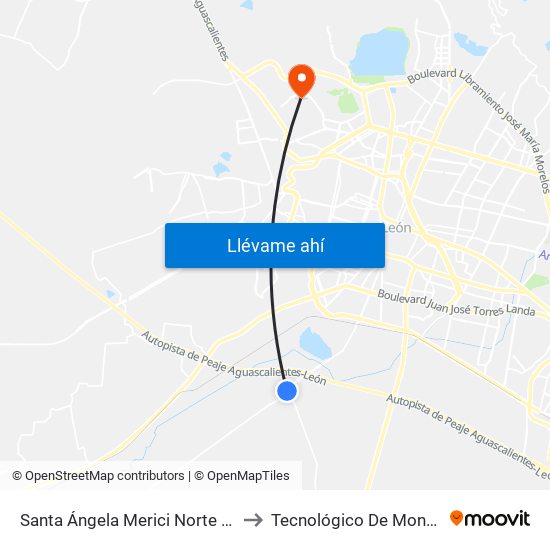 Santa Ángela Merici Norte - Santa Rosa Plan De Ayala to Tecnológico De Monterrey - Campus León map