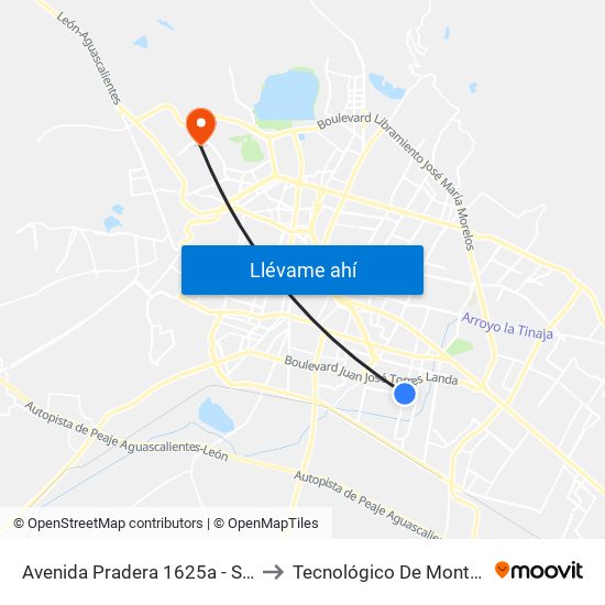 Avenida Pradera 1625a - Santa María Del Granjeno to Tecnológico De Monterrey - Campus León map