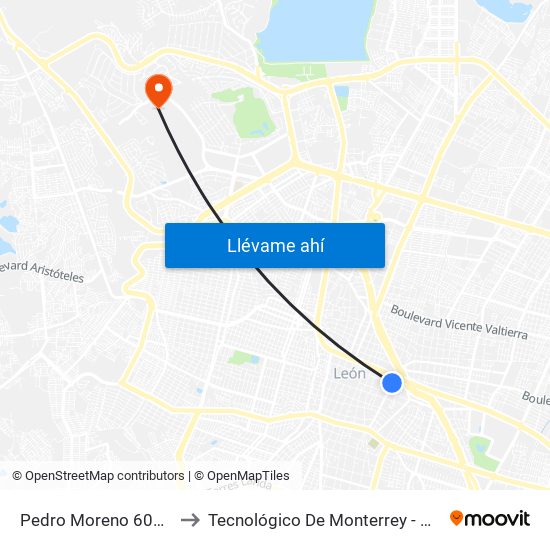 Pedro Moreno 605 - Centro to Tecnológico De Monterrey - Campus León map