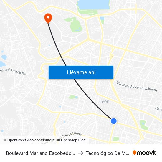 Boulevard Mariano Escobedo Oriente 484-588 - San Juan De Dios to Tecnológico De Monterrey - Campus León map