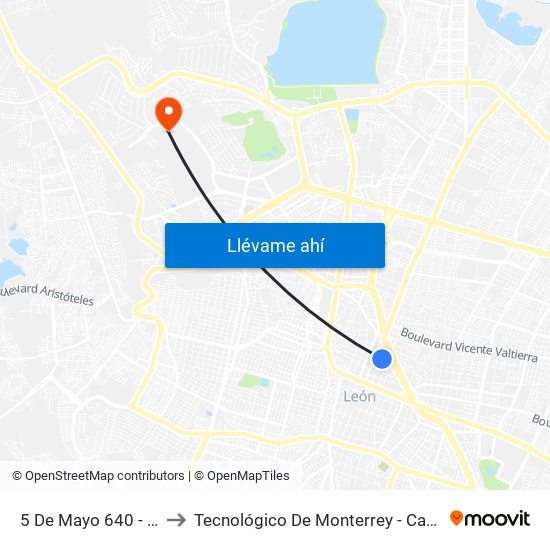 5 De Mayo 640 - Centro to Tecnológico De Monterrey - Campus León map