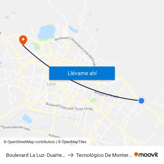 Boulevard La Luz- Duarte - Villas De San Juan to Tecnológico De Monterrey - Campus León map
