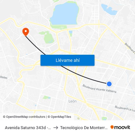 Avenida Saturno 343d - Real Providencia to Tecnológico De Monterrey - Campus León map
