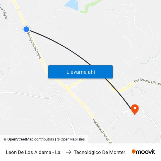 León De Los Aldama - Lagos De Moreno, 44 to Tecnológico De Monterrey - Campus León map