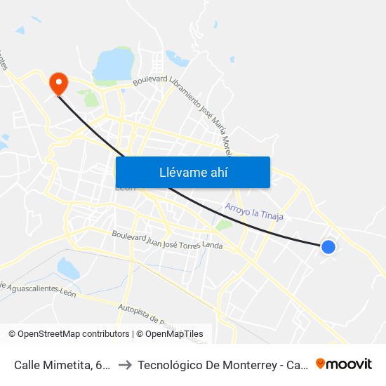 Calle Mimetita, 600-664 to Tecnológico De Monterrey - Campus León map