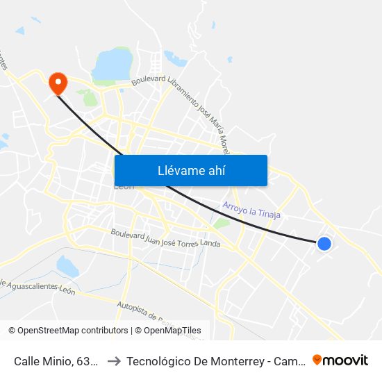 Calle Minio, 630-662 to Tecnológico De Monterrey - Campus León map