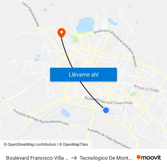 Boulevard Francisco Villa 1308 -  Santo Domingo to Tecnológico De Monterrey - Campus León map