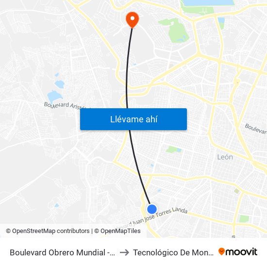 Boulevard Obrero Mundial - Santa Rita De Los Naranjos to Tecnológico De Monterrey - Campus León map