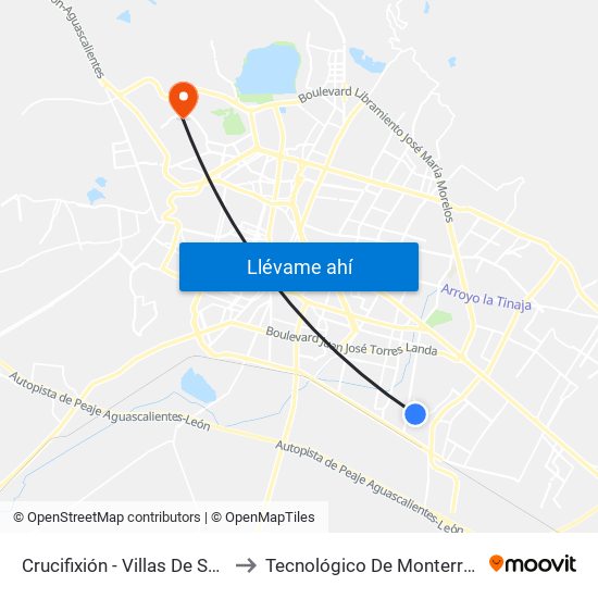 Crucifixión -  Villas De Santa Julia Oriente to Tecnológico De Monterrey - Campus León map