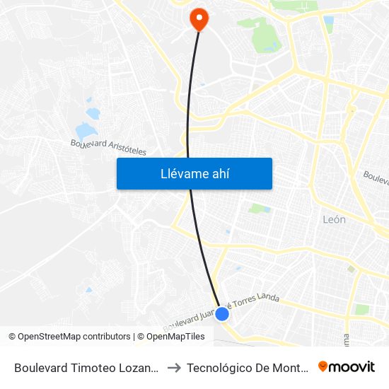 Boulevard Timoteo Lozano 1901 -  Pemex Oriente to Tecnológico De Monterrey - Campus León map