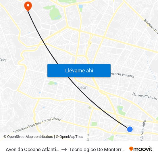 Avenida Océano Atlántico 112 - Azteca to Tecnológico De Monterrey - Campus León map