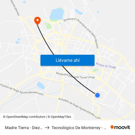Madre Tierra  -  Diez De Mayo to Tecnológico De Monterrey - Campus León map