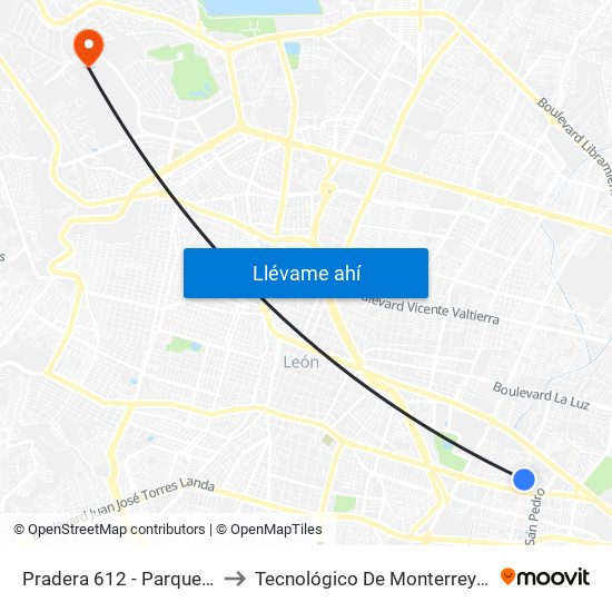 Pradera 612 -  Parque Manzanares to Tecnológico De Monterrey - Campus León map