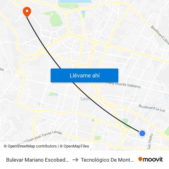 Bulevar Mariano Escobedo -  Parque Manzanares to Tecnológico De Monterrey - Campus León map