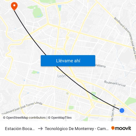 Estación Bocanegra to Tecnológico De Monterrey - Campus León map