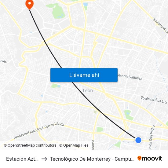 Estación Azteca to Tecnológico De Monterrey - Campus León map