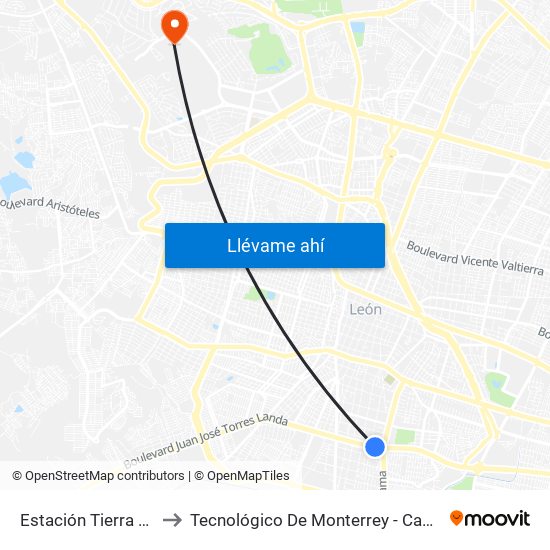 Estación Tierra Blanca to Tecnológico De Monterrey - Campus León map