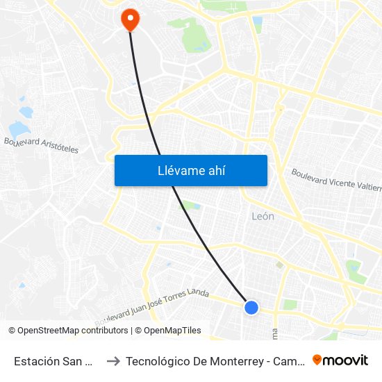 Estación San Miguel to Tecnológico De Monterrey - Campus León map