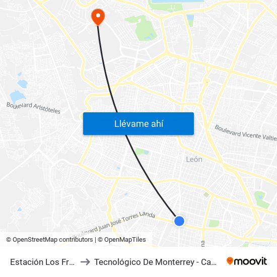 Estación Los Fresnos to Tecnológico De Monterrey - Campus León map