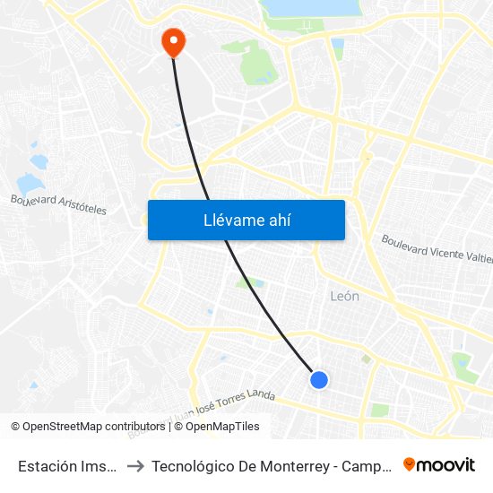 Estación Imss T2 to Tecnológico De Monterrey - Campus León map