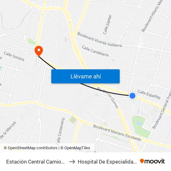 Estación Central Camionera to Hospital De Especialidades map