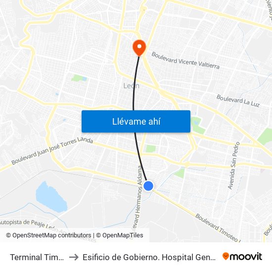 Terminal Timoteo to Esificio de Gobierno. Hospital General Leon map