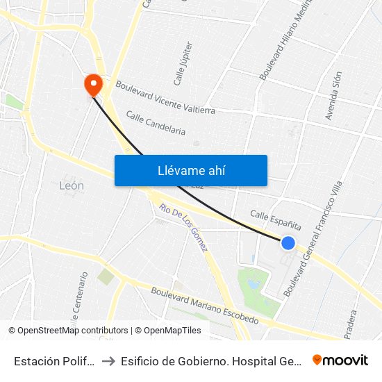 Estación Poliforum to Esificio de Gobierno. Hospital General Leon map