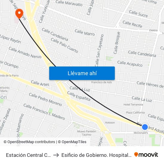 Estación Central Camionera to Esificio de Gobierno. Hospital General Leon map