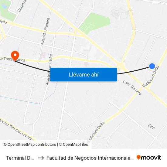 Terminal Delta to Facultad de Negocios Internacionales UDL map