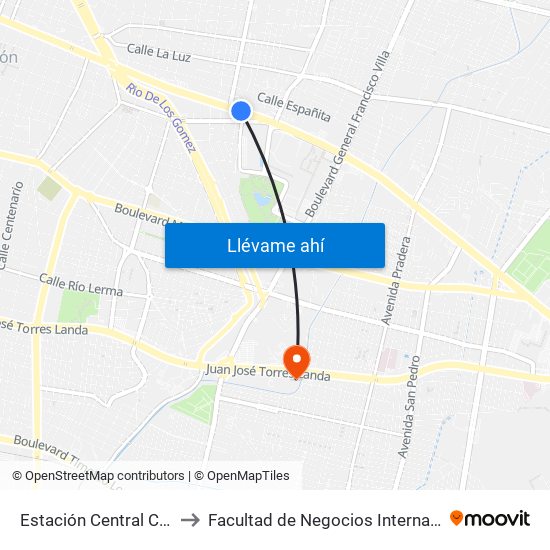 Estación Central Camionera to Facultad de Negocios Internacionales UDL map