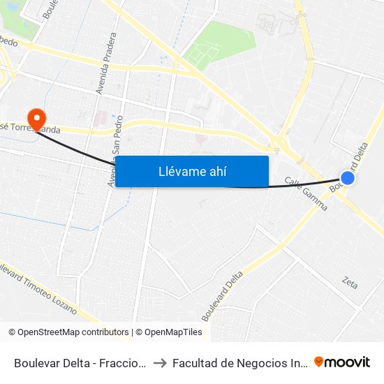 Boulevar Delta -  Fracciones De Santa Julia to Facultad de Negocios Internacionales UDL map