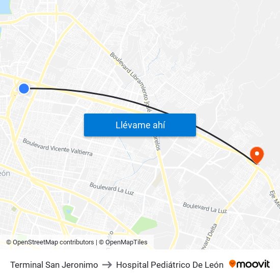 Terminal San Jeronimo to Hospital Pediátrico De León map