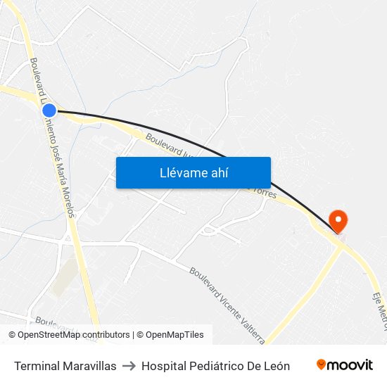 Terminal Maravillas to Hospital Pediátrico De León map