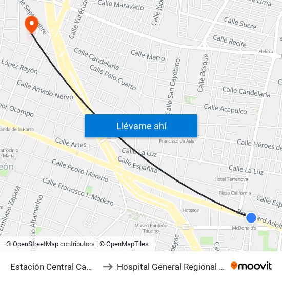Estación Central Camionera to Hospital General Regional De León map