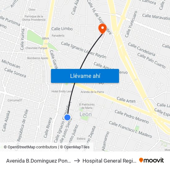 Avenida B.Domínguez Poniente A -  Centro to Hospital General Regional De León map