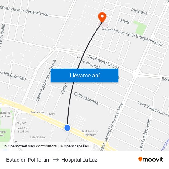 Estación Poliforum to Hospital La Luz map