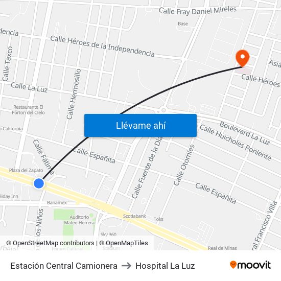 Estación Central Camionera to Hospital La Luz map