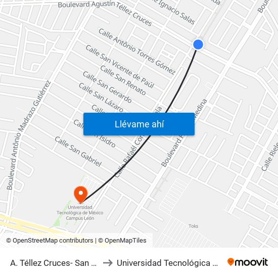 A. Téllez Cruces- San Jose Del Consuelo II to Universidad Tecnológica De México Campus León map