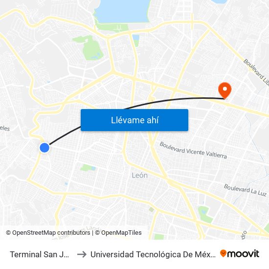 Terminal San Juan Bosco to Universidad Tecnológica De México Campus León map