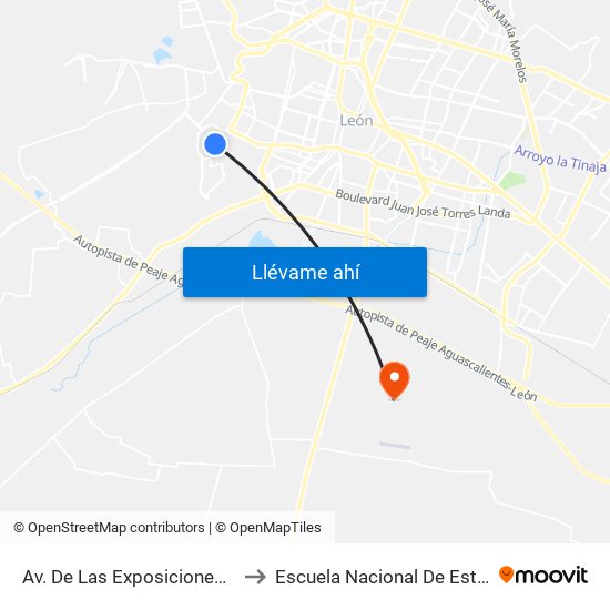 Av. De Las Exposiciones - Paseos De Miravalle to Escuela Nacional De Estudios Superiores León map
