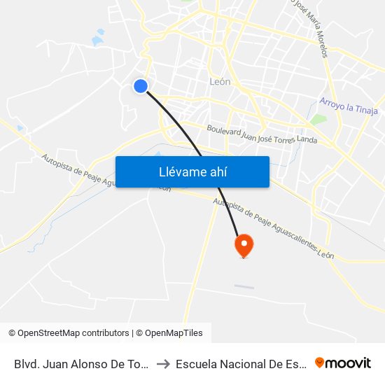 Blvd. Juan Alonso De Torres - Complejo La Cima to Escuela Nacional De Estudios Superiores León map