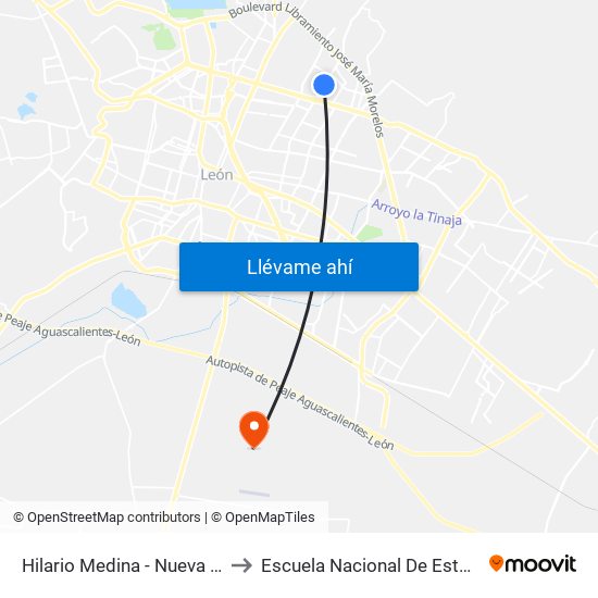 Hilario Medina - Nueva Santa Rosa De Lima to Escuela Nacional De Estudios Superiores León map