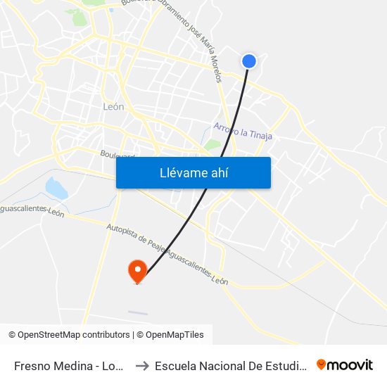 Fresno Medina - Lomas De Medina to Escuela Nacional De Estudios Superiores León map