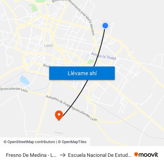 Fresno De Medina - Lomas De Medina to Escuela Nacional De Estudios Superiores León map