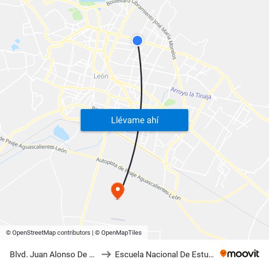 Blvd. Juan Alonso De Torres - Deportiva I to Escuela Nacional De Estudios Superiores León map